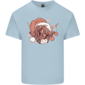 Funny Christmas Highland Cow Santa Hat Kids T-Shirt Childrens Light Blue