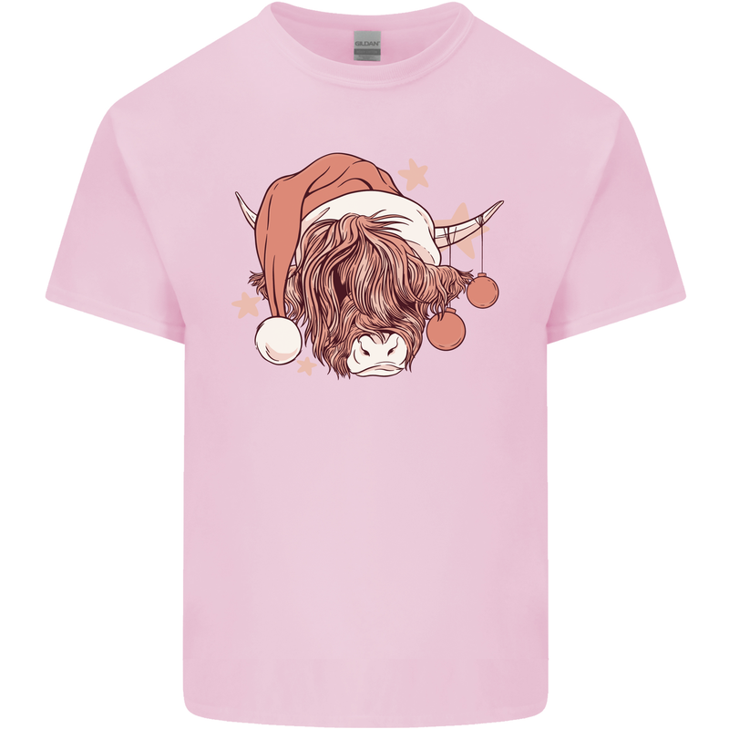 Funny Christmas Highland Cow Santa Hat Kids T-Shirt Childrens Light Pink