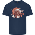 Funny Christmas Highland Cow Santa Hat Kids T-Shirt Childrens Navy Blue