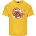 Funny Christmas Highland Cow Santa Hat Kids T-Shirt Childrens Yellow