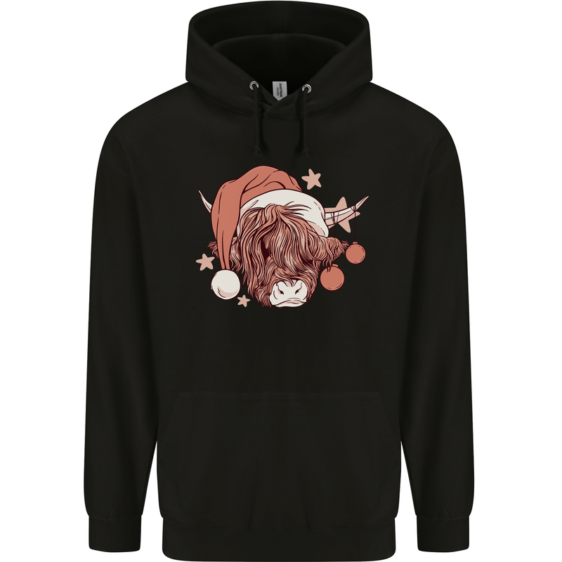 Funny Christmas Highland Cow Santa Hat Mens 80% Cotton Hoodie Black