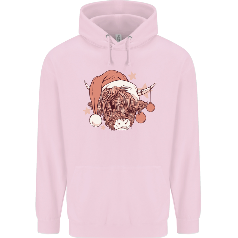Funny Christmas Highland Cow Santa Hat Mens 80% Cotton Hoodie Light Pink