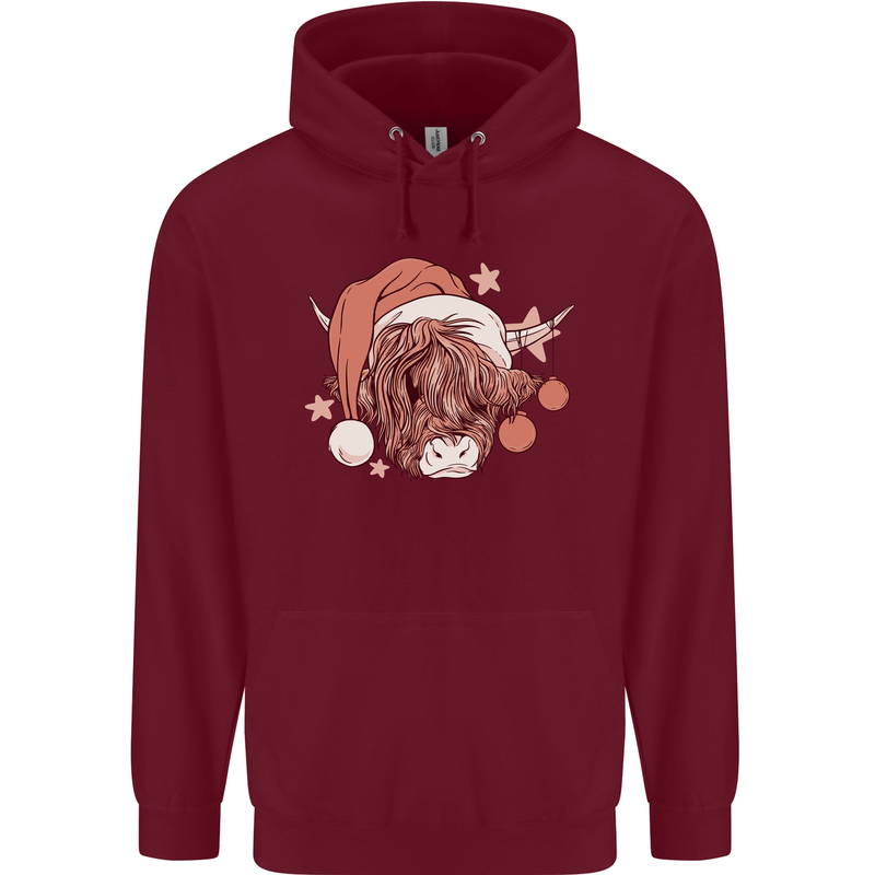 Funny Christmas Highland Cow Santa Hat Mens 80% Cotton Hoodie Maroon