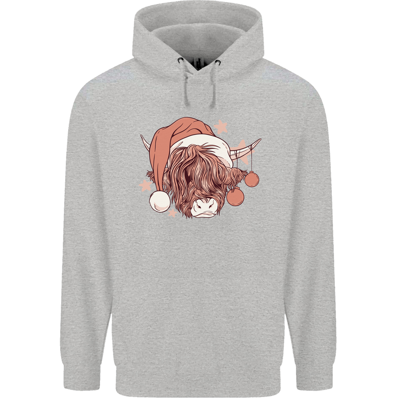 Funny Christmas Highland Cow Santa Hat Mens 80% Cotton Hoodie Sports Grey