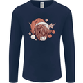 Funny Christmas Highland Cow Santa Hat Mens Long Sleeve T-Shirt Navy Blue