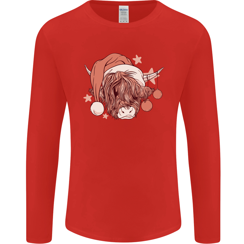 Funny Christmas Highland Cow Santa Hat Mens Long Sleeve T-Shirt Red