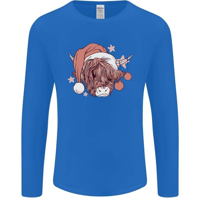 Funny Christmas Highland Cow Santa Hat Mens Long Sleeve T-Shirt Royal Blue