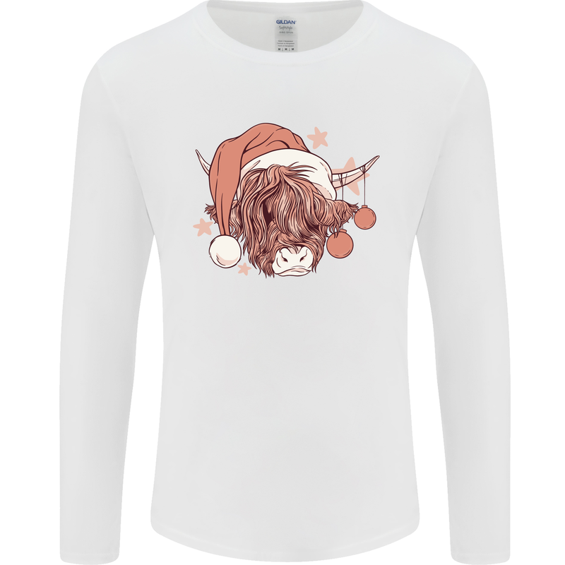 Funny Christmas Highland Cow Santa Hat Mens Long Sleeve T-Shirt White