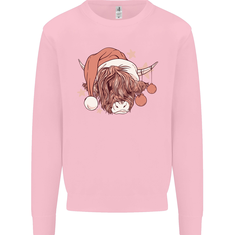 Funny Christmas Highland Cow Santa Hat Mens Sweatshirt Jumper Light Pink