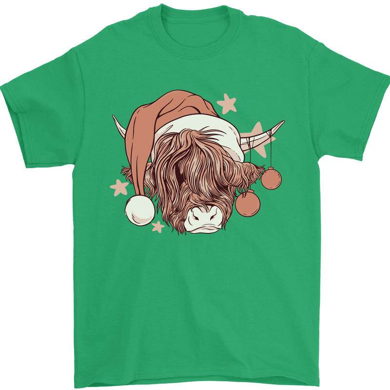 Funny Christmas Highland Cow Santa Hat Mens T-Shirt 100% Cotton Irish Green