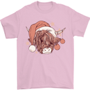 Funny Christmas Highland Cow Santa Hat Mens T-Shirt 100% Cotton Light Pink