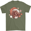Funny Christmas Highland Cow Santa Hat Mens T-Shirt 100% Cotton Military Green