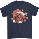 Funny Christmas Highland Cow Santa Hat Mens T-Shirt 100% Cotton Navy Blue