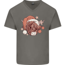 Funny Christmas Highland Cow Santa Hat Mens V-Neck Cotton T-Shirt Charcoal
