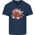 Funny Christmas Highland Cow Santa Hat Mens V-Neck Cotton T-Shirt Navy Blue