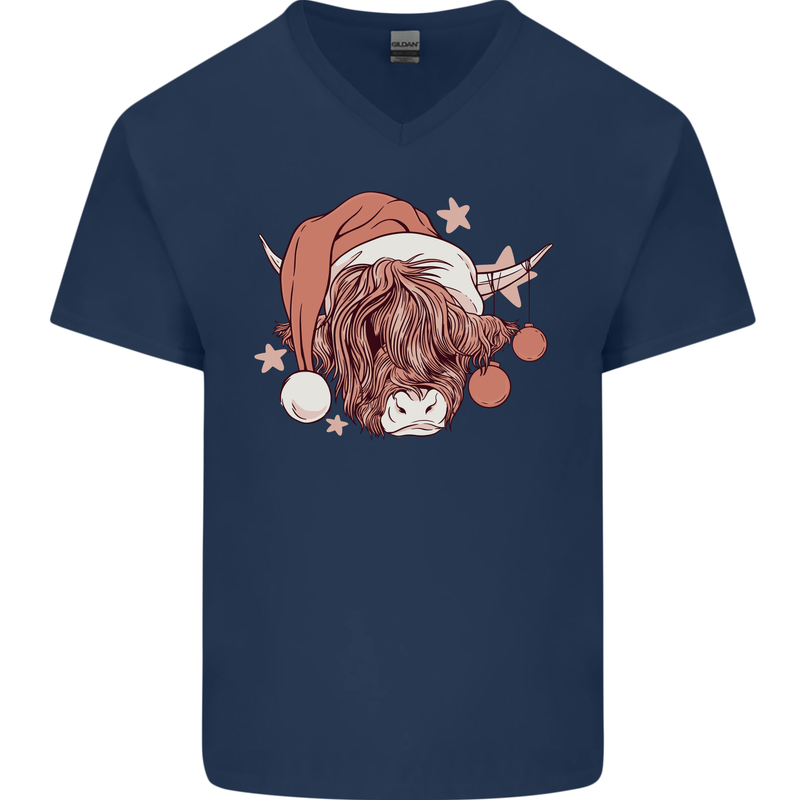 Funny Christmas Highland Cow Santa Hat Mens V-Neck Cotton T-Shirt Navy Blue