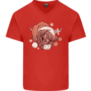 Funny Christmas Highland Cow Santa Hat Mens V-Neck Cotton T-Shirt Red