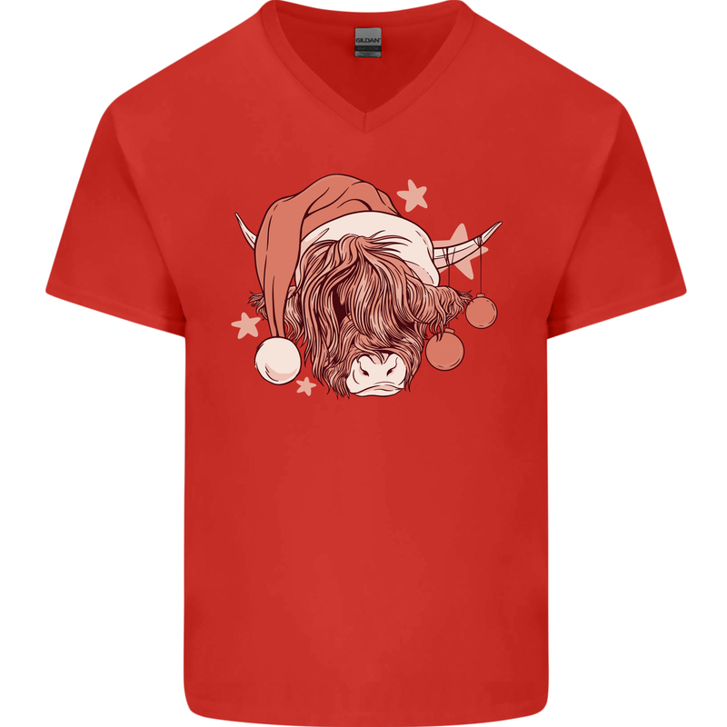 Funny Christmas Highland Cow Santa Hat Mens V-Neck Cotton T-Shirt Red
