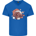 Funny Christmas Highland Cow Santa Hat Mens V-Neck Cotton T-Shirt Royal Blue