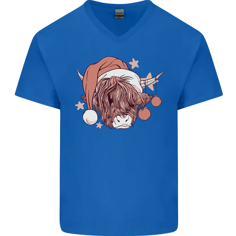 Funny Christmas Highland Cow Santa Hat Mens V-Neck Cotton T-Shirt Royal Blue