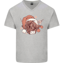Funny Christmas Highland Cow Santa Hat Mens V-Neck Cotton T-Shirt Sports Grey