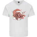Funny Christmas Highland Cow Santa Hat Mens V-Neck Cotton T-Shirt White