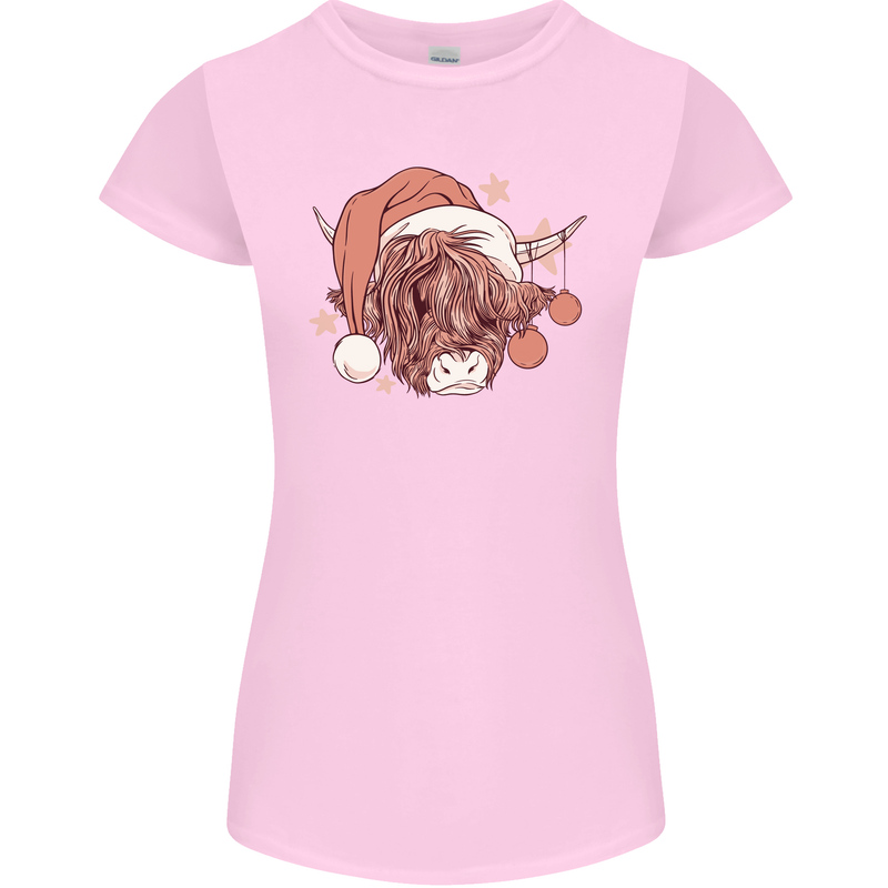 Funny Christmas Highland Cow Santa Hat Womens Petite Cut T-Shirt Light Pink