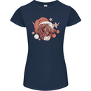 Funny Christmas Highland Cow Santa Hat Womens Petite Cut T-Shirt Navy Blue