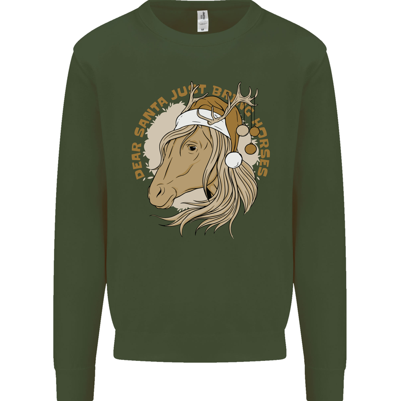 Funny Christmas Horse Equestrian Santa Kids Sweatshirt Jumper Forest Green
