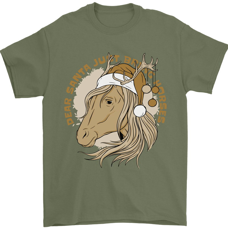 Funny Christmas Horse Equestrian Santa Mens T-Shirt 100% Cotton Military Green