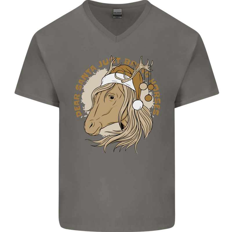 Funny Christmas Horse Equestrian Santa Mens V-Neck Cotton T-Shirt Charcoal