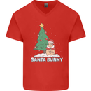 Funny Christmas Santa Bunny Mens V-Neck Cotton T-Shirt Red