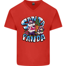 Funny Christmas Santa Panda Mens V-Neck Cotton T-Shirt Red
