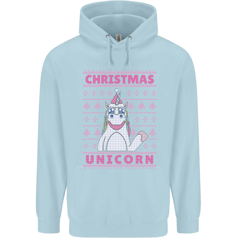 Funny Christmas Unicorn Childrens Kids Hoodie Light Blue
