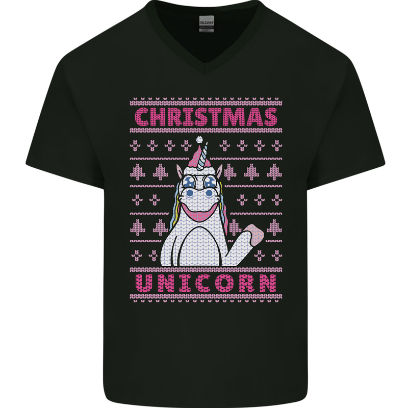 Funny Christmas Unicorn Mens V-Neck Cotton T-Shirt Black