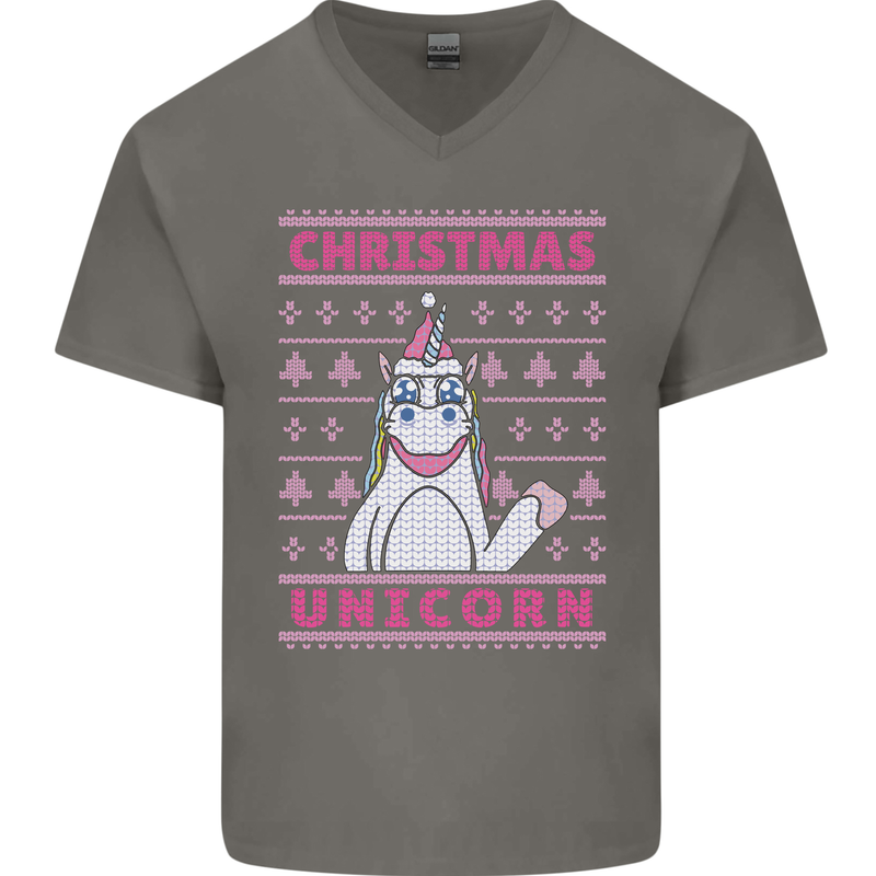 Funny Christmas Unicorn Mens V-Neck Cotton T-Shirt Charcoal