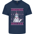 Funny Christmas Unicorn Mens V-Neck Cotton T-Shirt Navy Blue