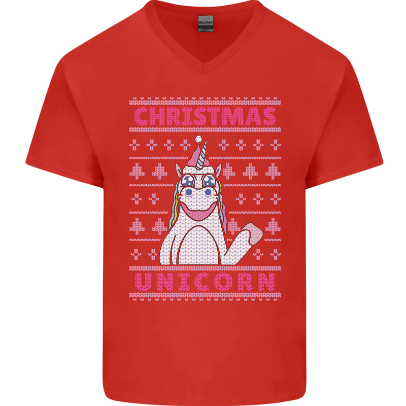 Funny Christmas Unicorn Mens V-Neck Cotton T-Shirt Red