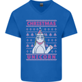 Funny Christmas Unicorn Mens V-Neck Cotton T-Shirt Royal Blue