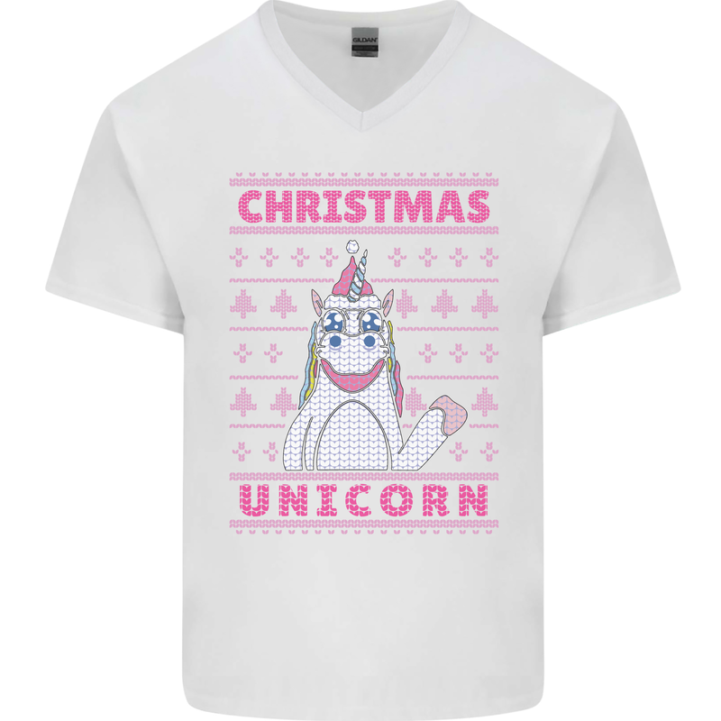 Funny Christmas Unicorn Mens V-Neck Cotton T-Shirt White