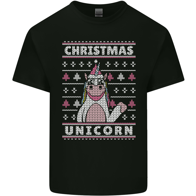 Funny Christmas Unicorn Pattern Mens Cotton T-Shirt Tee Top Black