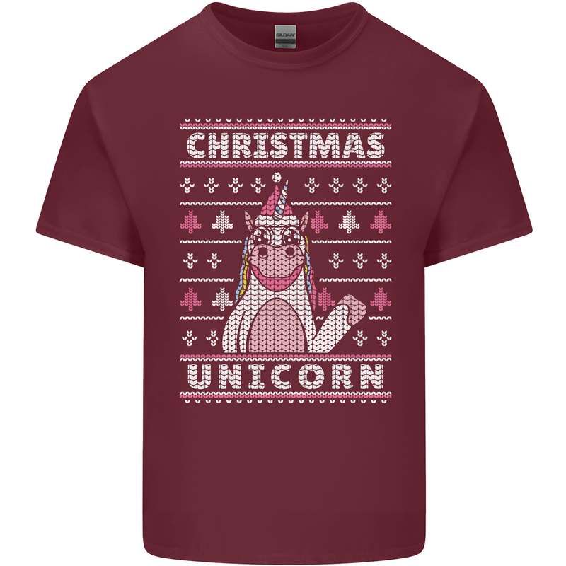 Funny Christmas Unicorn Pattern Mens Cotton T-Shirt Tee Top Maroon