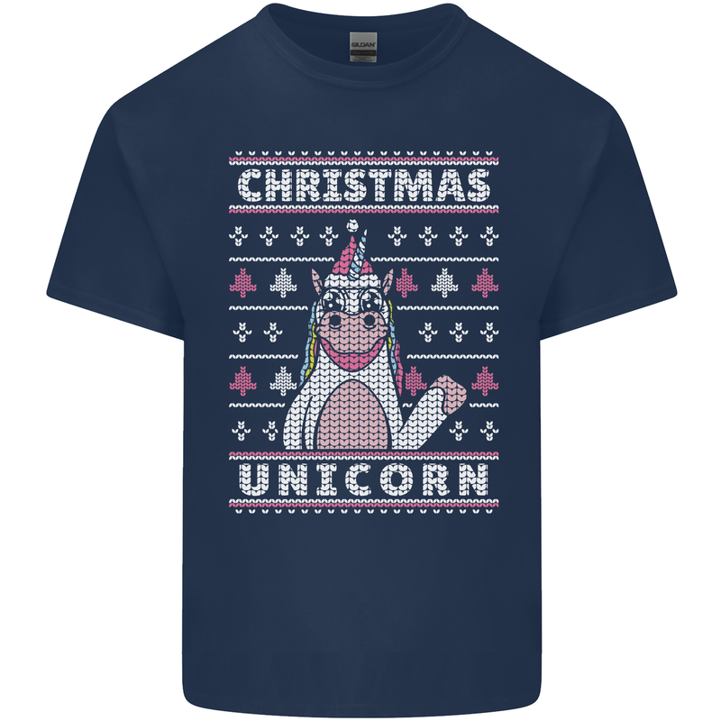 Funny Christmas Unicorn Pattern Mens Cotton T-Shirt Tee Top Navy Blue