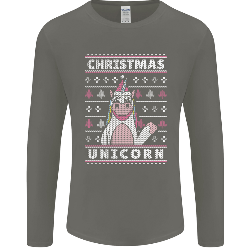Funny Christmas Unicorn Pattern Mens Long Sleeve T-Shirt Charcoal