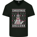Funny Christmas Unicorn Pattern Mens V-Neck Cotton T-Shirt Black