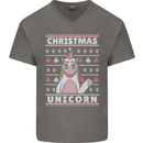 Funny Christmas Unicorn Pattern Mens V-Neck Cotton T-Shirt Charcoal