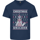 Funny Christmas Unicorn Pattern Mens V-Neck Cotton T-Shirt Navy Blue