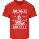 Funny Christmas Unicorn Pattern Mens V-Neck Cotton T-Shirt Red