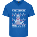 Funny Christmas Unicorn Pattern Mens V-Neck Cotton T-Shirt Royal Blue