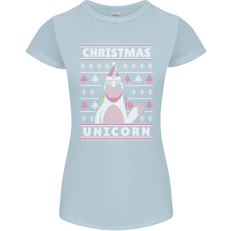 Funny Christmas Unicorn Pattern Womens Petite Cut T-Shirt Light Blue